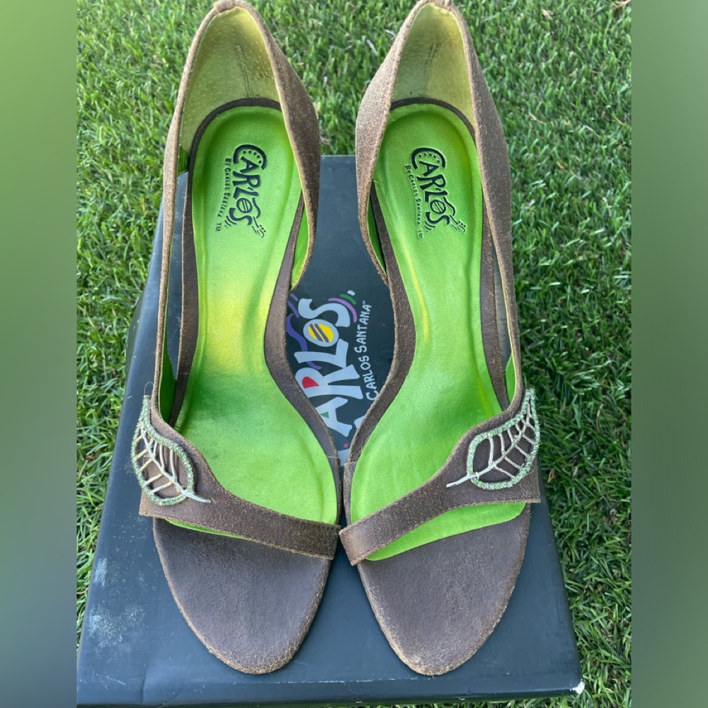 Vintage Carlos Santana Romantic Bronze Peep Toe High Heels Leaf Sz(8)